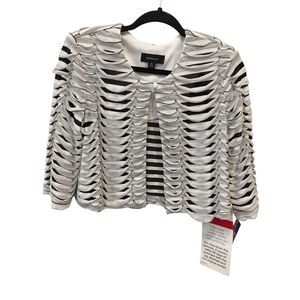 RM Richards Crop‎ Jacket White Black Striped Womens Size M 3/4 Sleeve Ruffle NWT